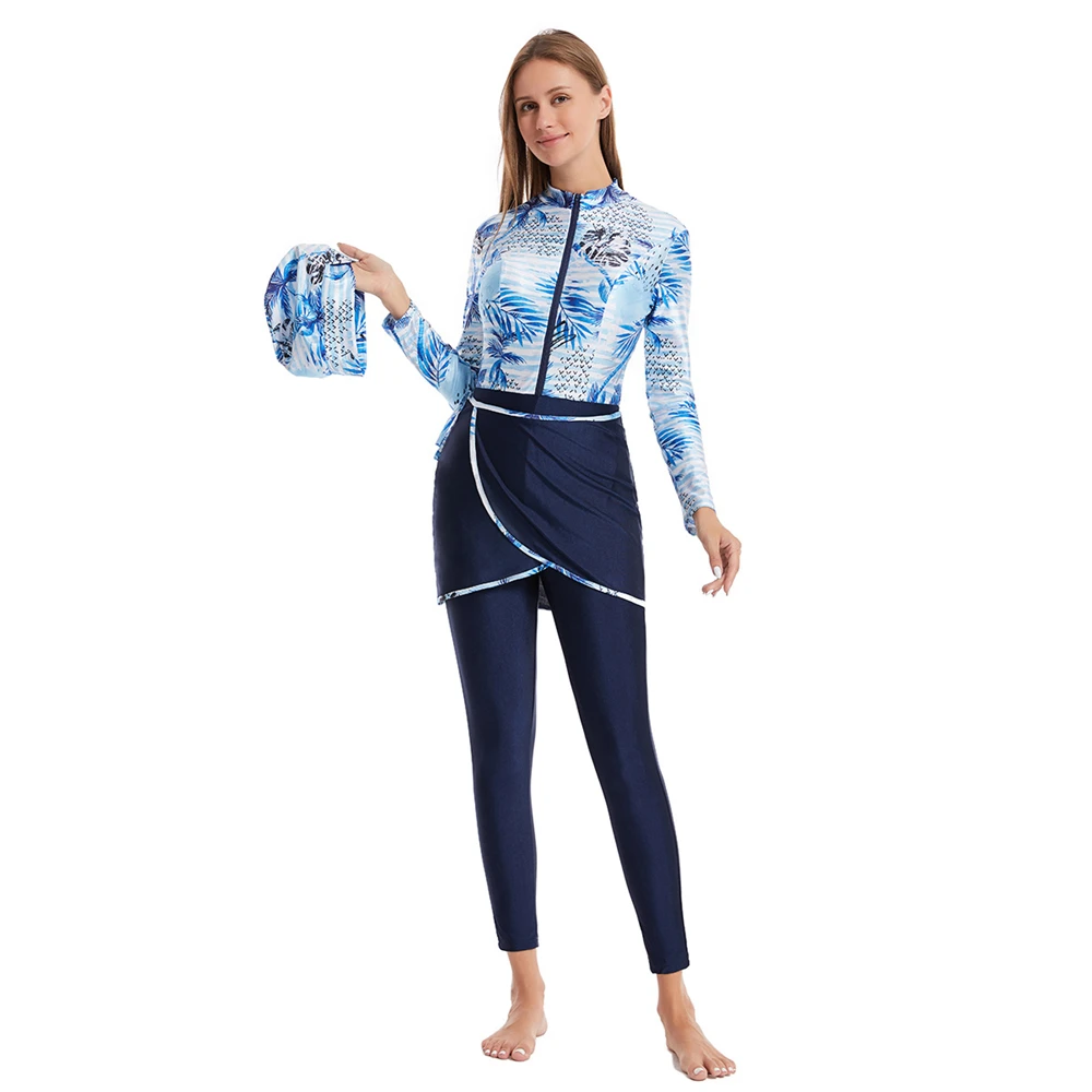 

3 Piece Set Print Long Sleeve Swimsuit Conservative Muslim Swimwear Women Burkini with Front Zip Full Cover Islamic Bathing Suit