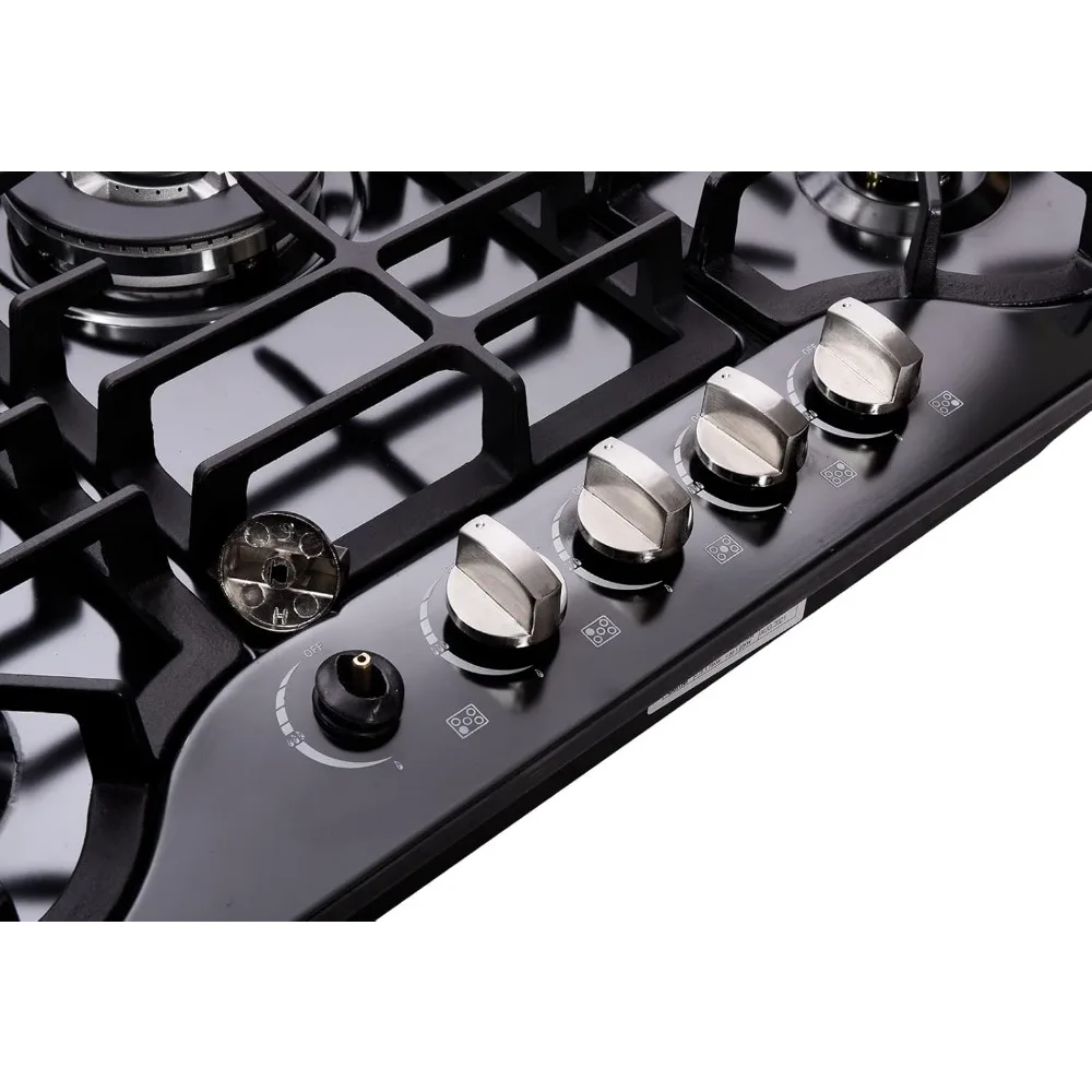 30 Inch LPG/NG Gas Cooktop Dual Fuel 5 Sealed Brass Burner Stainless Steel Hob 110V AC pulse Ignition Stainless 5