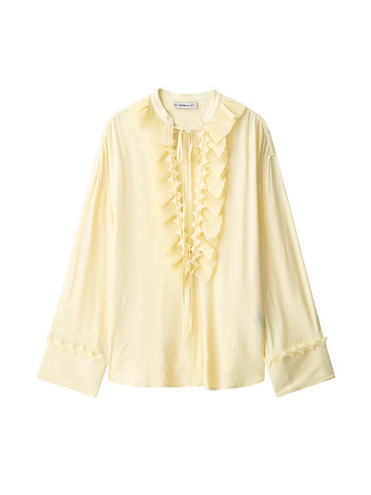 TFMLN Women Ruffles Lace-up Shirts Skirt Set Casual Fashion Loose Long Sleeve V Neck Summer Blouse Midi Skirt Lady Holiday Suit