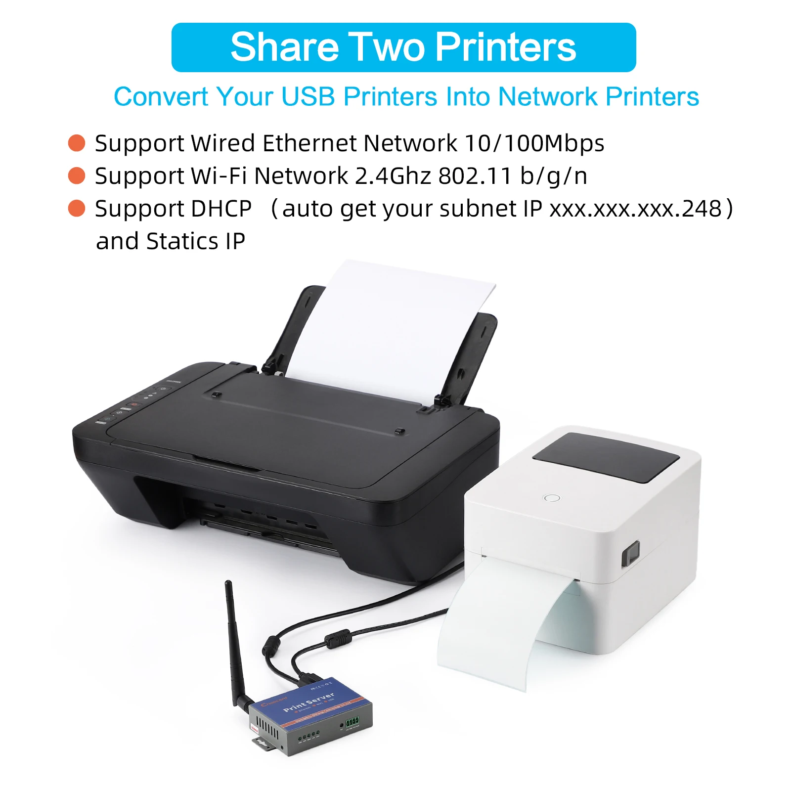 CR202 Wireless Print Server with 2 USB Port for Office Home Printer Share Convert USB Printer To Wireless (Old Model is PS2021)