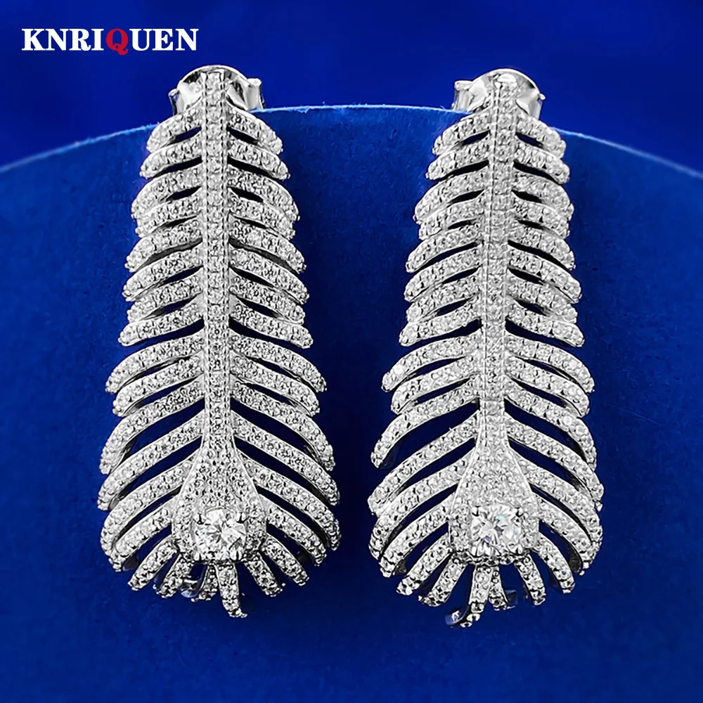 

New Trend 925 Sterling Silver Full Lab Diamond Dangle Feather Earrings for Women Luxury Wedding Fine Jewelry Accessories Gifts