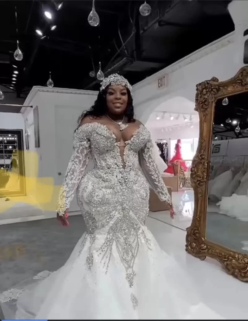 

Plus Size Arabic Mermaid Wedding Dresses Sparkly long sleeve Crystal Beaded African Aso Ebi Ruffles Cathedral Train 2023