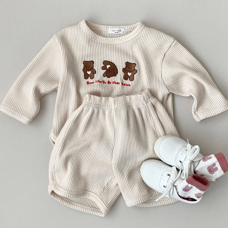 baby shirt clothing set 2022 Summer Baby Clothes Set Waffle Cartoon Bear Long Sleeve T-Shirts Shorts 2PCS Baby Boys Outfits Toddler Infant Girls Suit baby clothing set red	