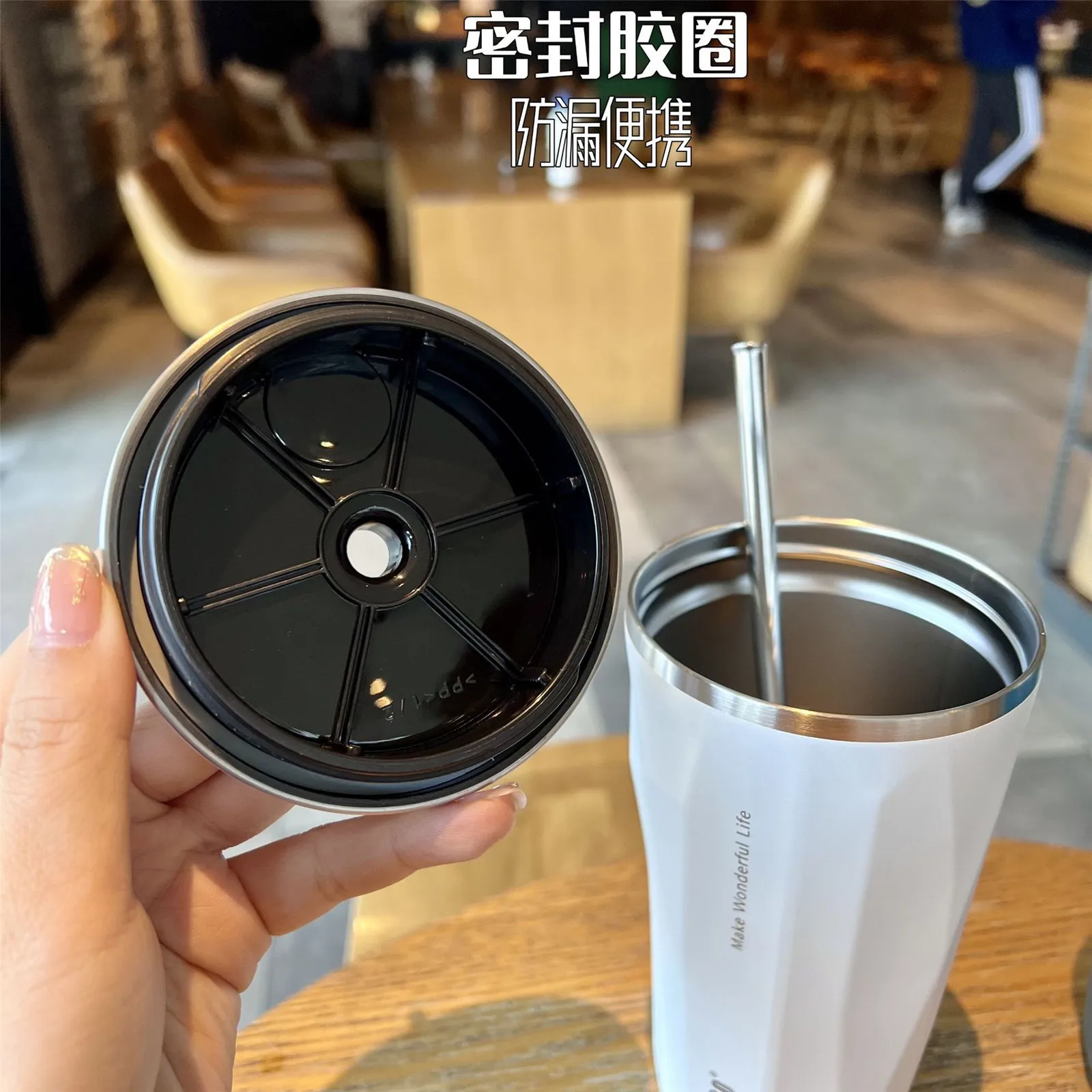 Tyeso Vacuum Insulated Coffee Cup With Straw Thermos Mug Leak-Proof 600Ml