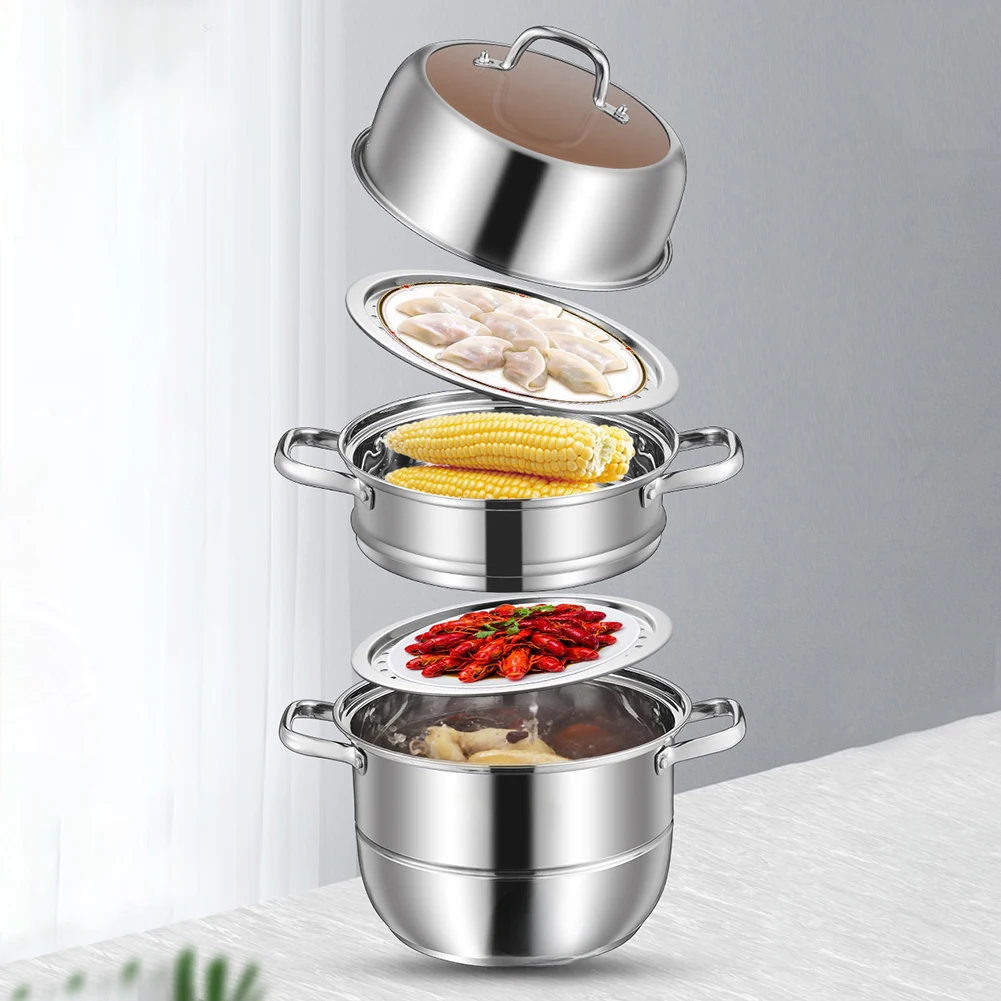 3 Tier Food Steamer Pot 11inch Stainless Steel Soup Steam Pot Universal Cooking Pots for Induction Cooker Gas Stove Steam