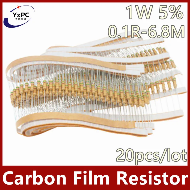 20pcs 1W 5% Carbon Film Resistor 0.1R~6.8M 10R 110R 220R 470R 680R 1K 2.2K 3.3K 4.7K 10K 22K 47K 100K 1M 10R 100 220 330 470 ohm 20pcs lot carbon film resistor 3w 5% 1r 1m 2 2r 4 7r 10r 33r 36r 47r 1k 4 7k 4k7 100k 1m 10 22 33 47ohm oxide film resistance