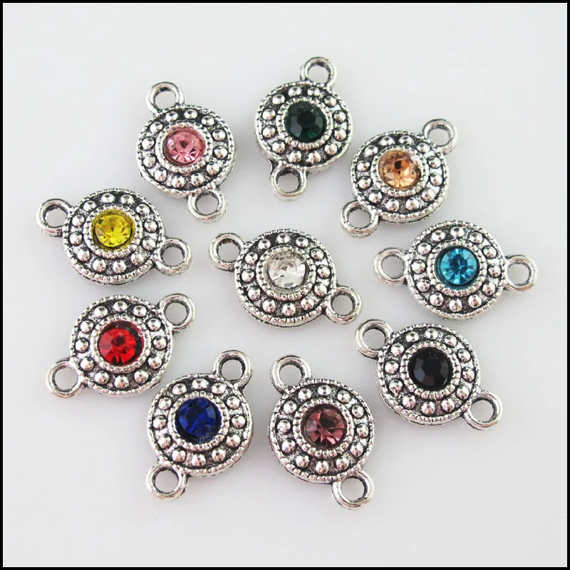 

Fashion 20Pcs Mixed Crystal Tibetan Silver Plated Round Flower Charms Connectors 11x18mm