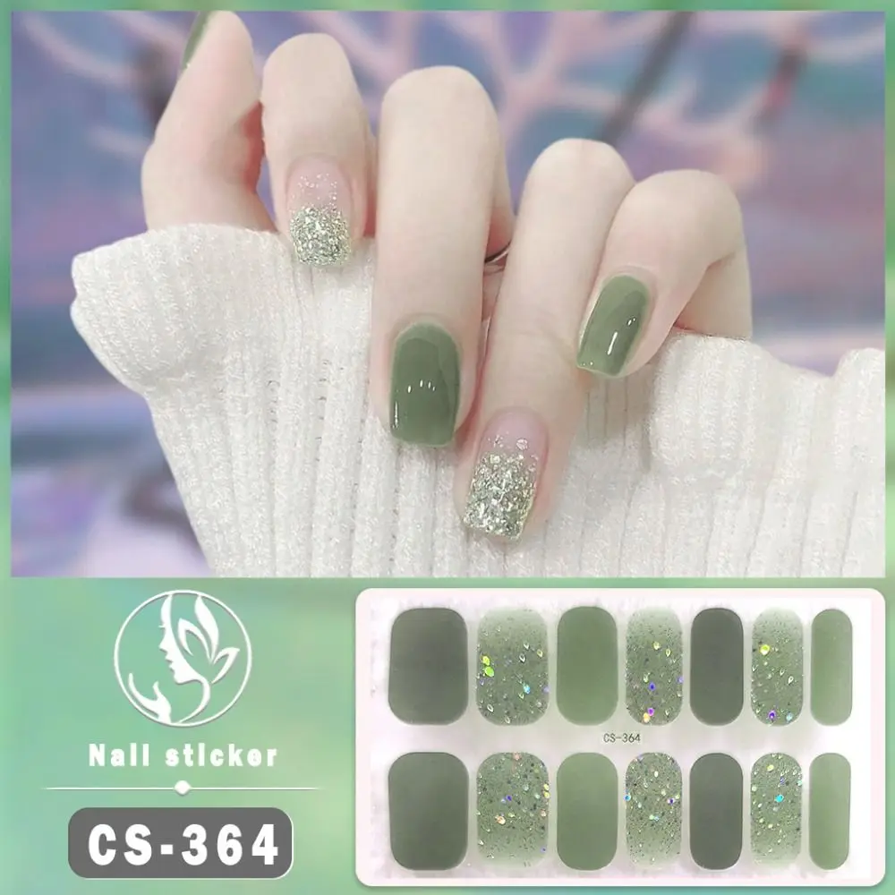 thumbnail image 1 of 14 Strips Semi Cured Gel Nail Stickers Full Cover French Nail Art Gel Nail Polish Strips Glittering Nail Art Stickers, 1 of 4