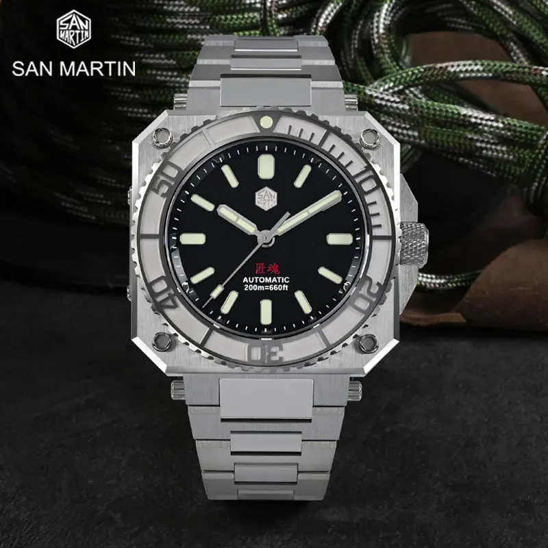 

San Martin Limited Edition Diver Wrist Watches For Men 40mm Square ETA2824-2 Automatic Mechanical Enamel Black BGW9 20Bar SN0010