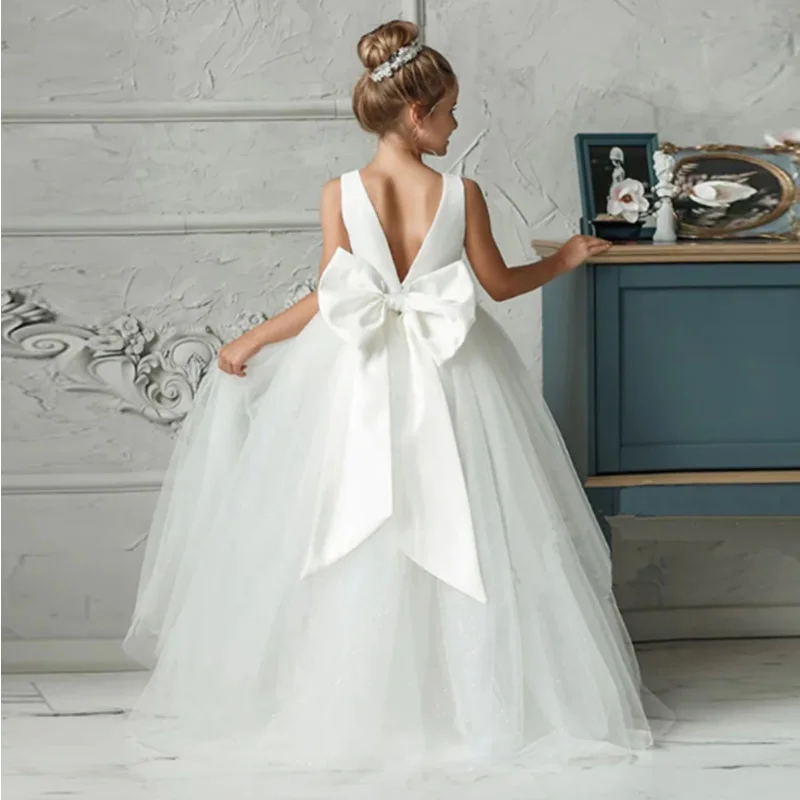 White Flower Girl Wedding Bridesmaid Princess Ball Gown Vback Long