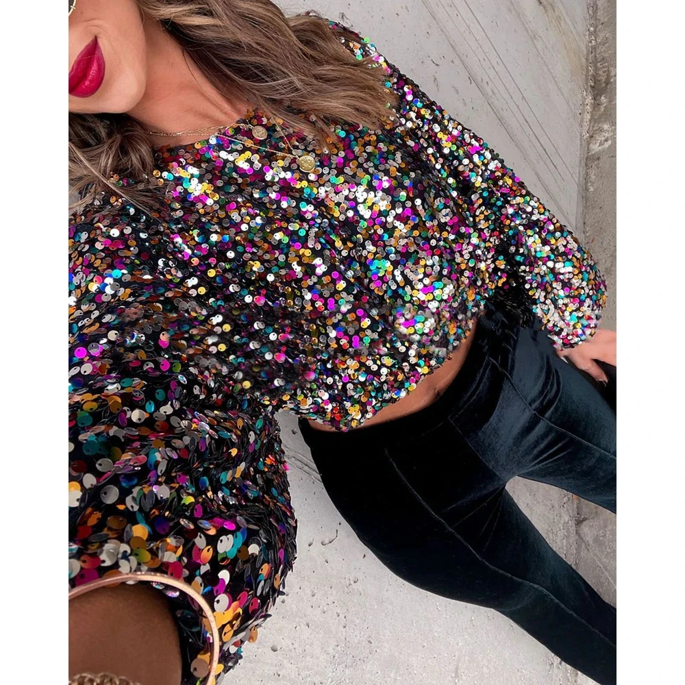 

Women Allover Colorful Sequins Long Sleeve Top Spring Fashion Femme Casual O-Neck T Shirt Sexy Blouse Clubwear