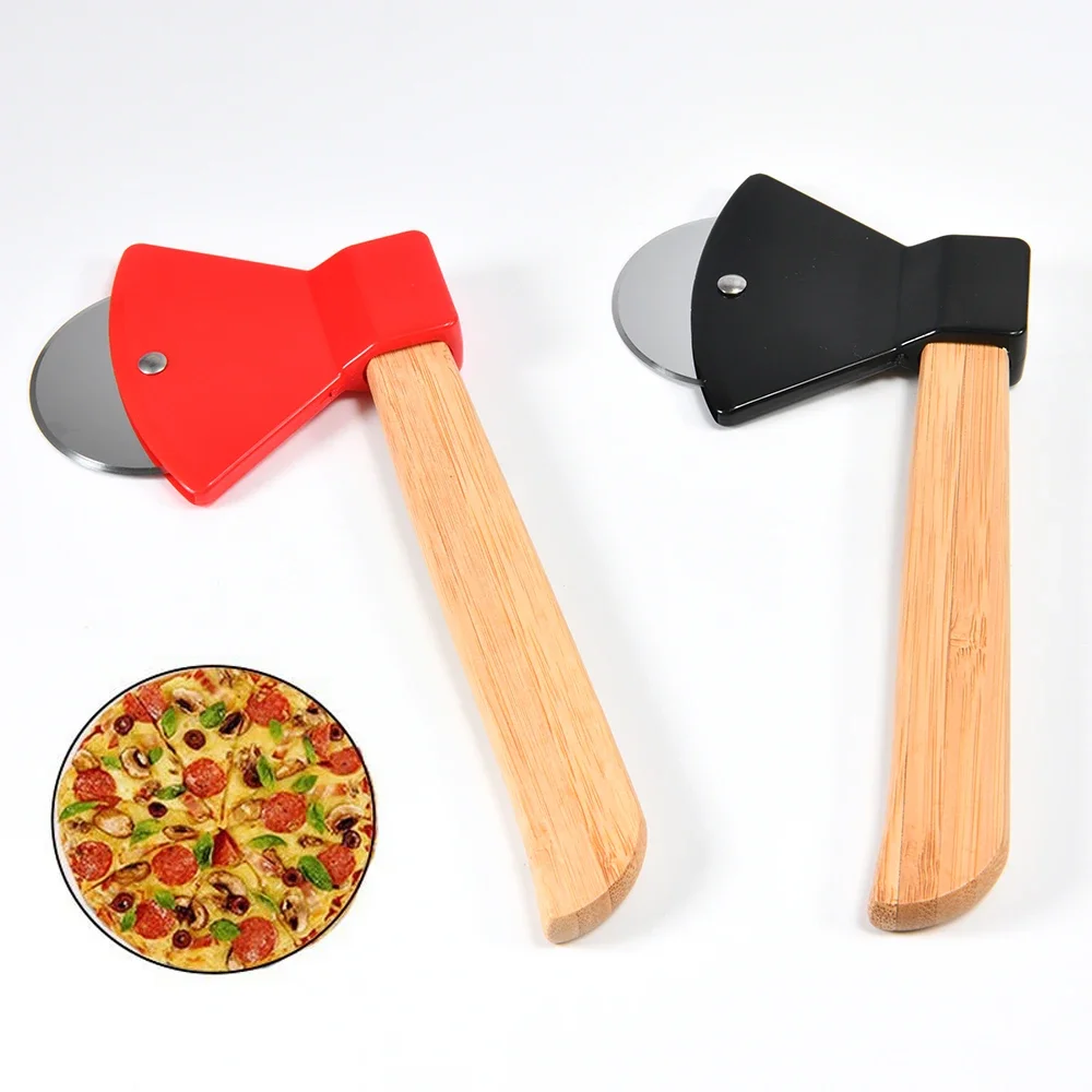 Pizza Cutter Axe Bamboo Handle Rotating Blade Home Kitchen Cutting Tool
