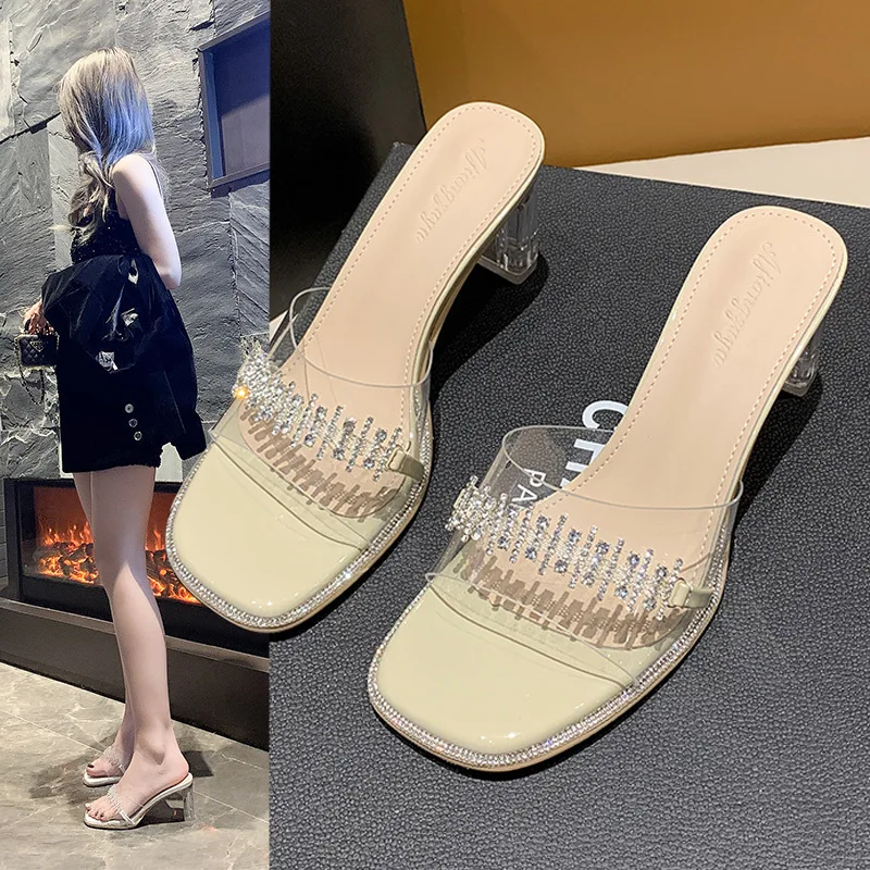 

High-heeled Slippers Women's Summer Wear 2023 New Fashion Transparent Block Heel Sandals Square Toe Korean Version of Summer San