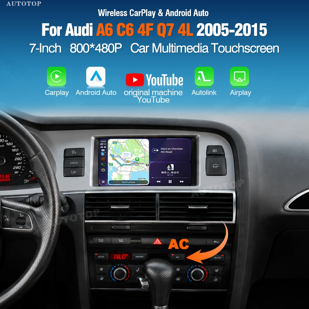 AUTOTOP Radio Multimedia para Auto Audi A6 C6 4F Q7 4L 2005-2015, Pantalla Táctil Suave de 7 Pulgadas con Linux, CarPlay Inalámbrico, Android Auto, Reproductor de Video Estéreo, Aplicación YouTube Integrada, DSP, Siri, Control del Volante, Navegación con AMI, AUX, Micrófono, Cable, Plug and Play 1