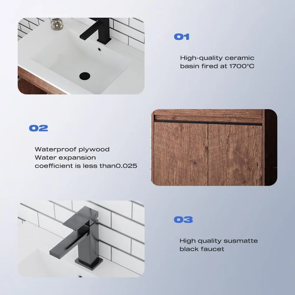 30 Inch Bathroom Vanity Cabinet with Sink，Modern Sleek Bathroom Vanities Ceramic Sink with Solid Wood Frame Open Style Shelf 5
