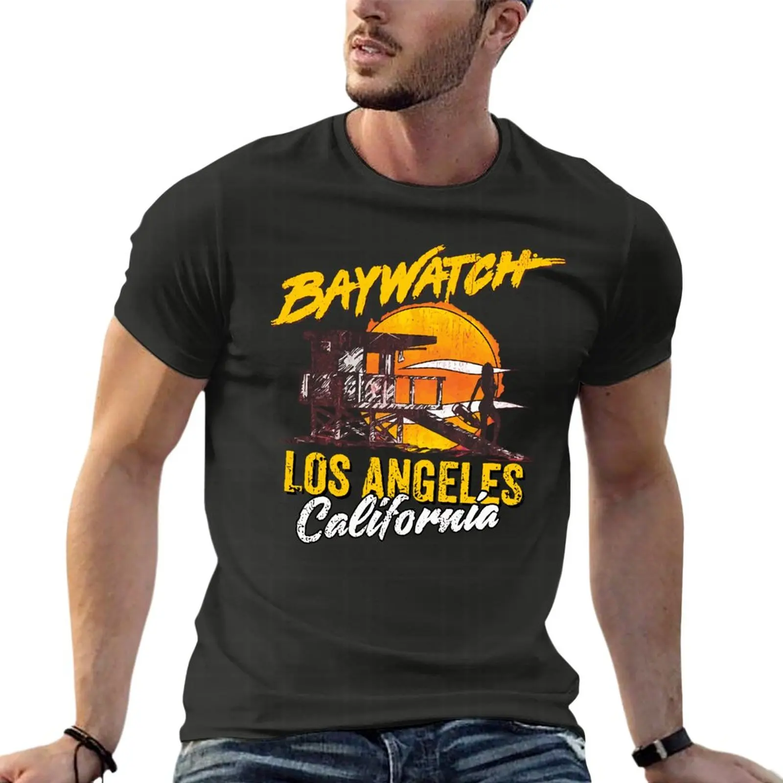 

Baywatch Lifeguard Tower Silhouette Sunset Los Angeles Oversize T Shirts Funny Mens Clothing 100% Cotton Streetwear Top Tee