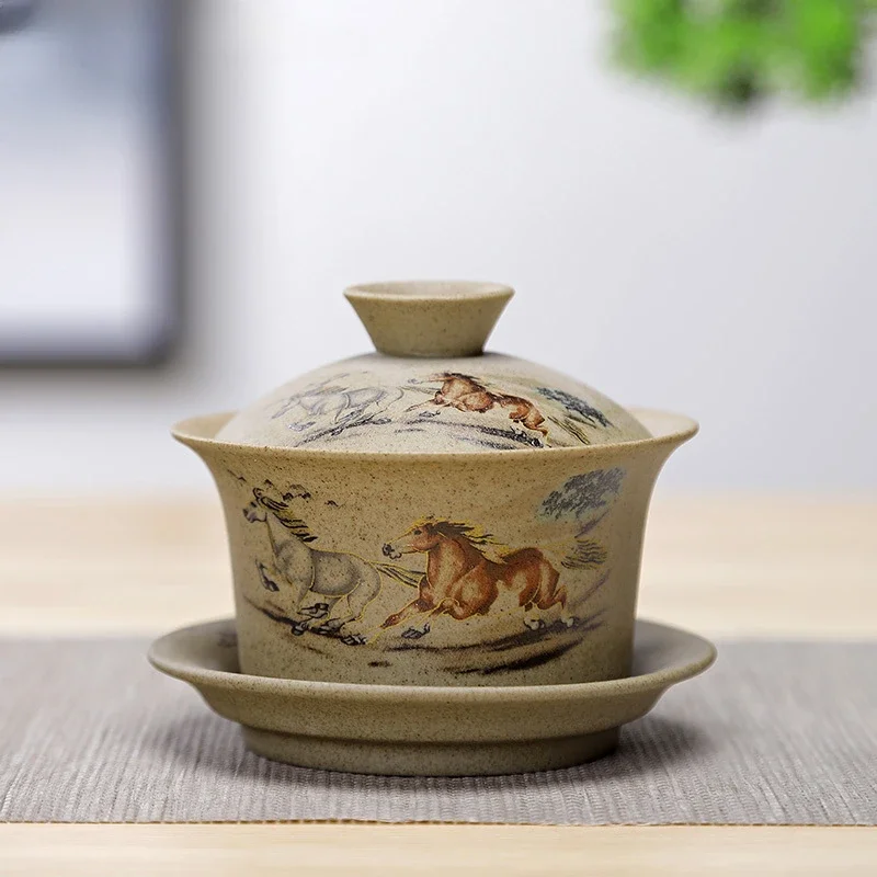 Jingdezhen ceramic Gaiwan bowl Chinese style Stoneware retro tea set Handmade Bubble tea bowl Travel Tea cup 150ml