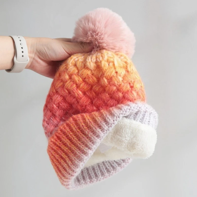 2025, neue verdickte Fleece-Strickmütze mit Farbverlauf für Damen und Herren, Outdoor-Strickmütze im Kopf-Stil, warme, gemütliche Strickmütze