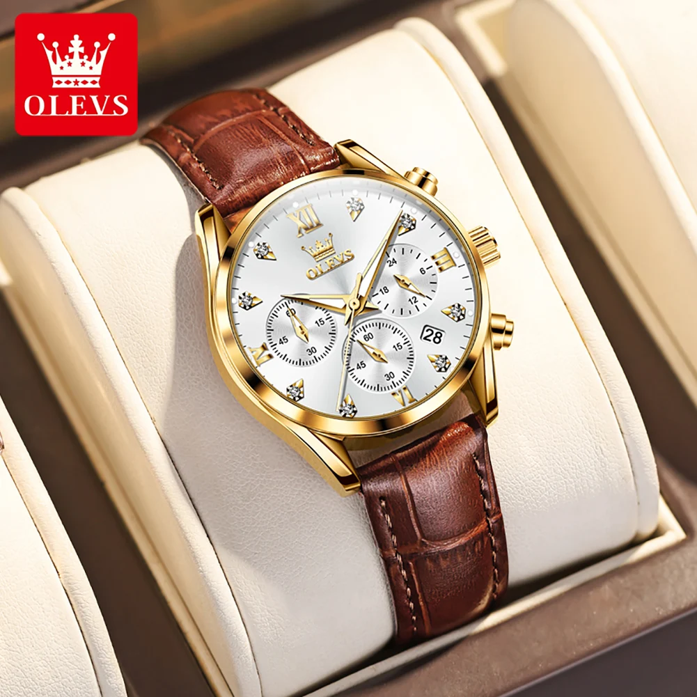 OLEVS Fashion Ladies' Wristwatch Waterproof Date Multi-function Three-eye Quartz PU Strap Watches for Women Luminous Chronograph