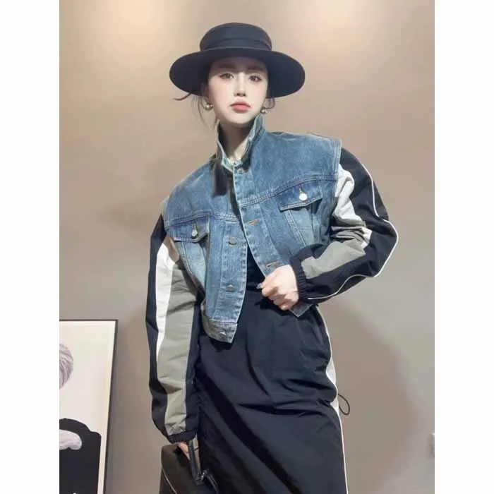 

SuperAen 2024 New Patchwork Sleeve Color Contrast Single Breasted Lapel Denim Jacket for Women Long Sleeved Jacket