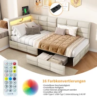 Rosahqnda Lit enfant 90x200cm, lit rembourré avec USB et lumière LED, canapé-lit simple avec 2 tiroirs, tissu en lin, sans matelas 2