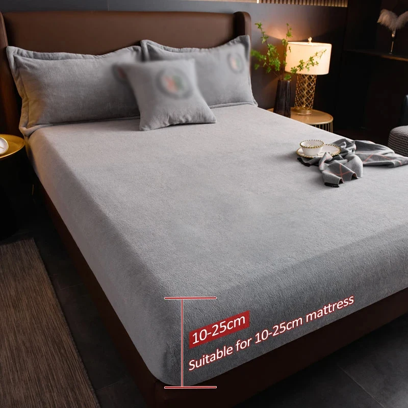 Milk Velvet Bed Cover Fitted Sheet Elastic Fluffy Winter Warm Mattress Cover Soft Couple Luxury Double Bed Bedding For Home