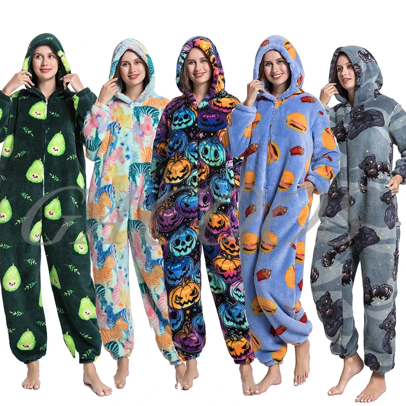 Inverno quente xadrez imprimir onesies para as mulheres grosso de pelúcia  manga longa com capuz macacão pijamas casual macacão pijamas mujer -  AliExpress