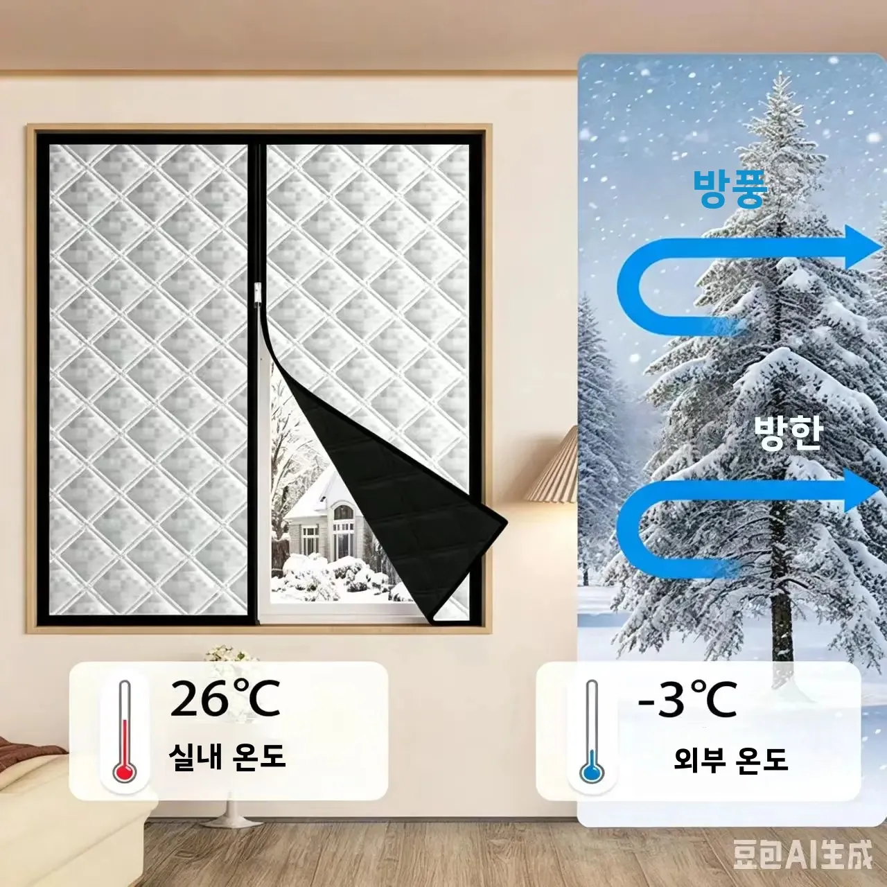 겨울용 두꺼운 방풍 면 커튼, 셀프 설치 창문 밀폐 단열 지퍼형 방한 홈데코 액세서리