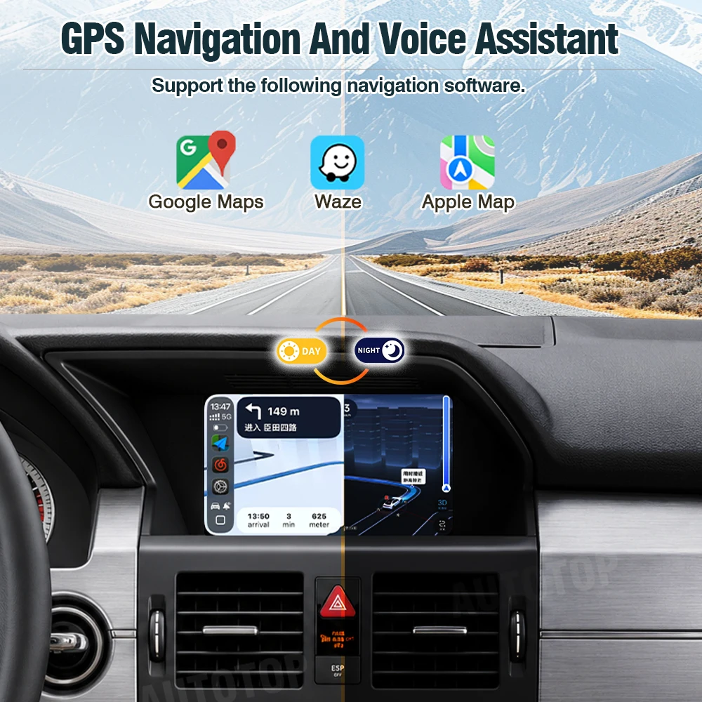 AUTOTOP Pantalla multimedia para coche de 7 pulgadas que conserva el estilo original de fábrica, pantalla táctil para Benz GLK X204 2008-2015 NTG4.0/4.5, radio Linux con CarPlay inalámbrico, Android Auto, navegación GPS, asistente de Google Siri, pantalla de tablero con velocidad y RPM en tiempo real, cámara de respaldo 5
