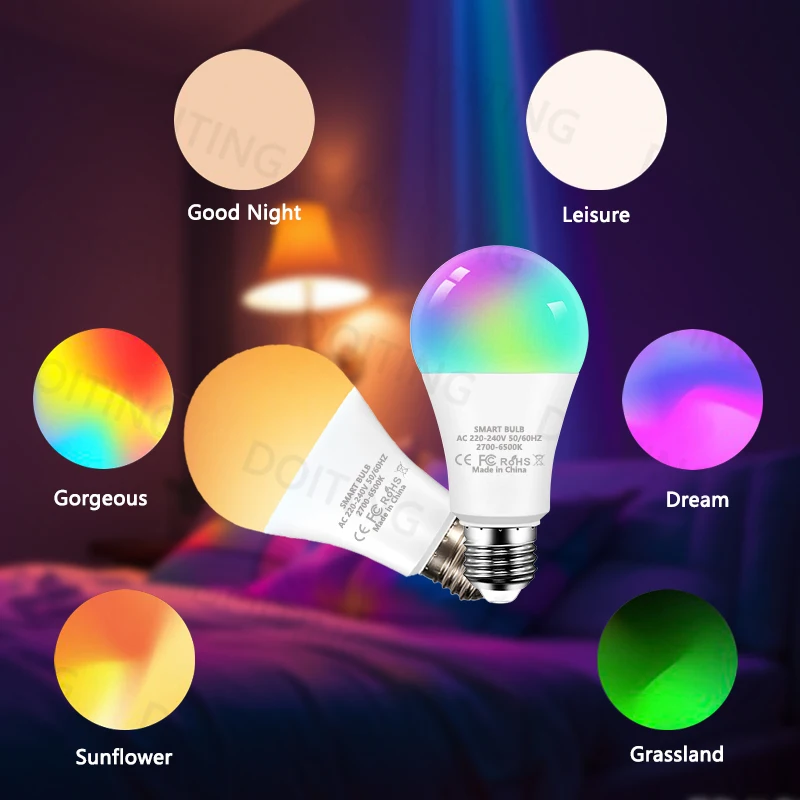 와이파이 블루투스 투야 알렉사 E27 RGB 스마트 전구, 구글 어시스턴트용 스마트 램프, 스마트 라이프 분위기 장식, 15W, 220V