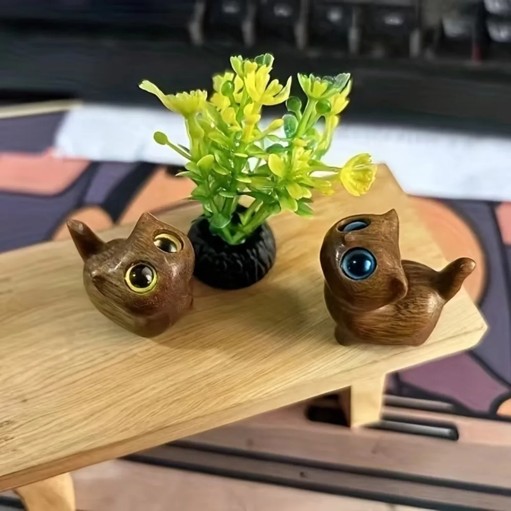 Wooden Cat Figurine Miniature Carving Ornament