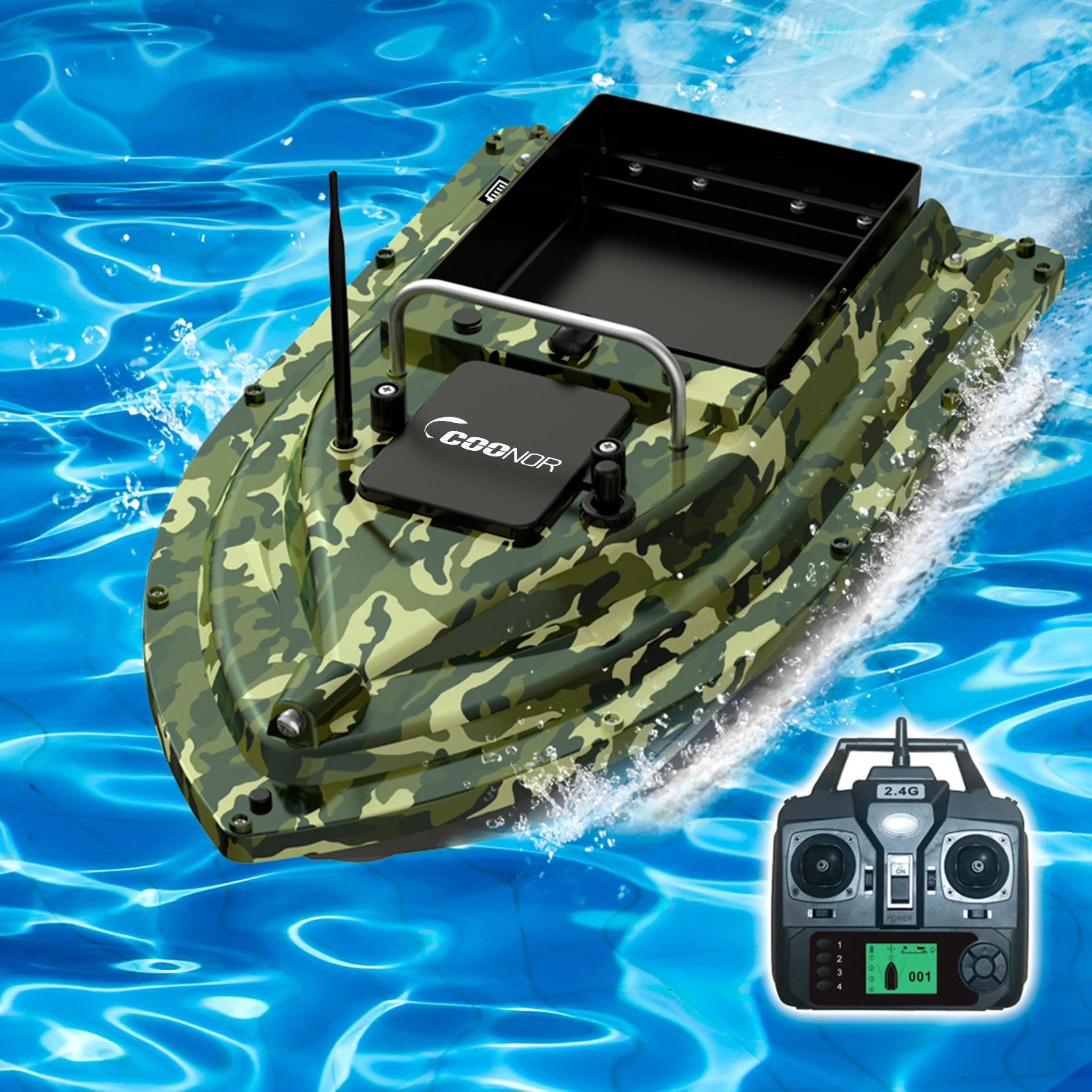 Bateau de pêche télécommandé GPS avec sondeur et détecteur de poissons intégrés.
