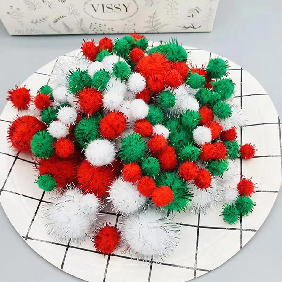 10/20/30 MM Glitter Pompom Fluffy Plush Christmas Decoration Gold Wire Flash Plush Ball Handmade Children's DIY Materials 100PCS