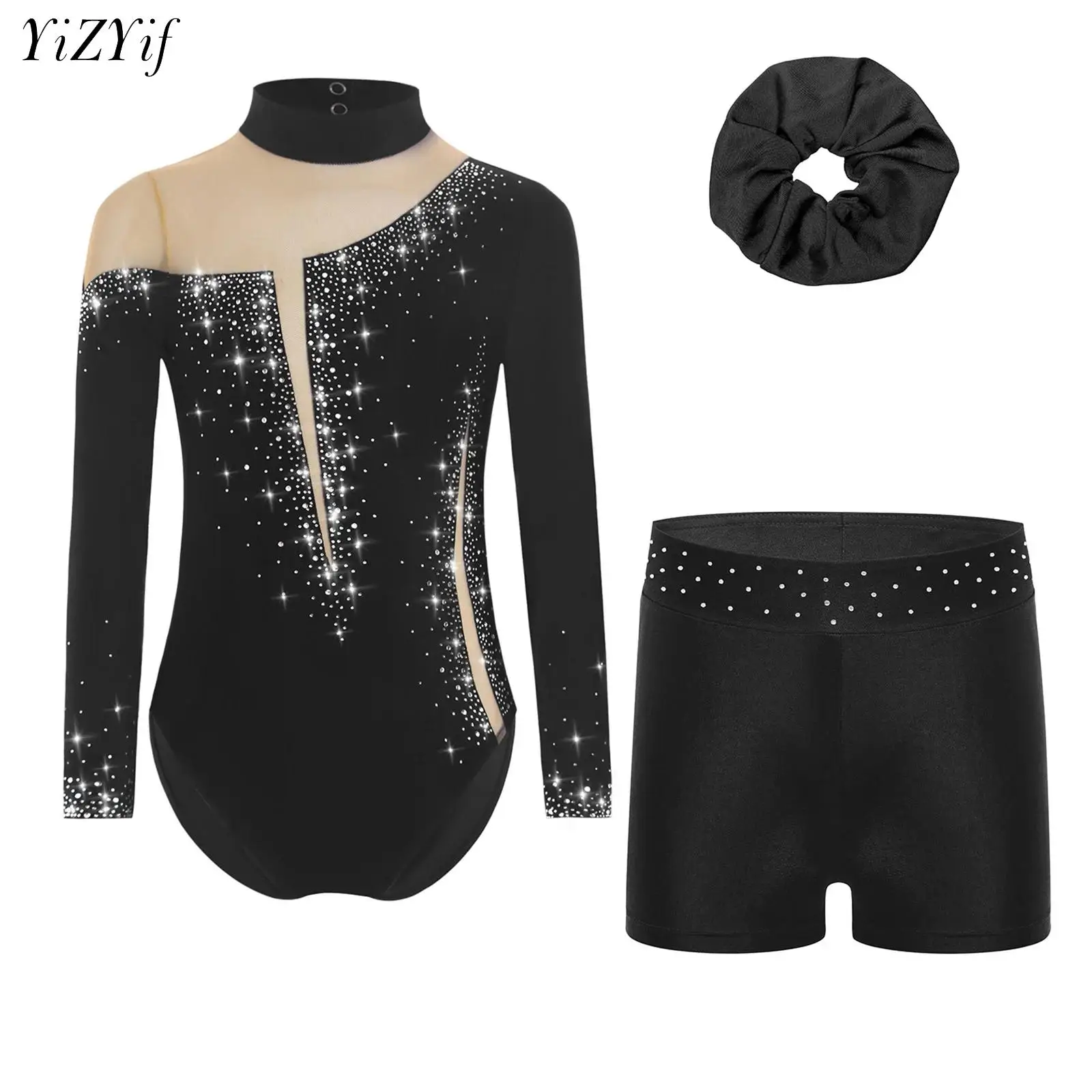 Kids Girls Ballet Dance Leotard With Body Shorts Hair Band Long Sleeve Workout