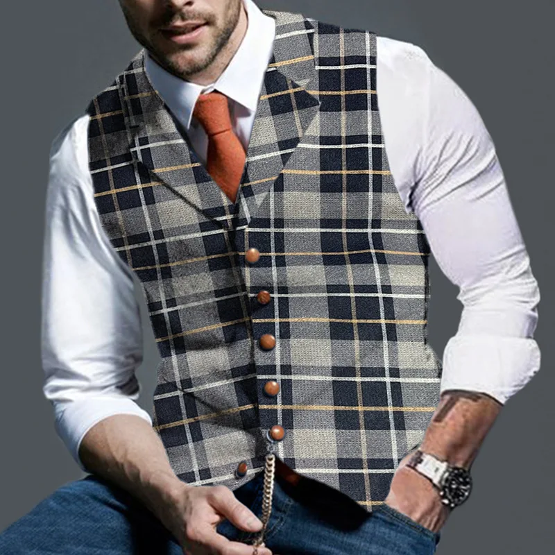 

Men's Vest Plaid Vest Wedding Tweed Tailored Collar Formal Male Gentleman Business Waistcoat Retro Tooling chaleco hombre 2022