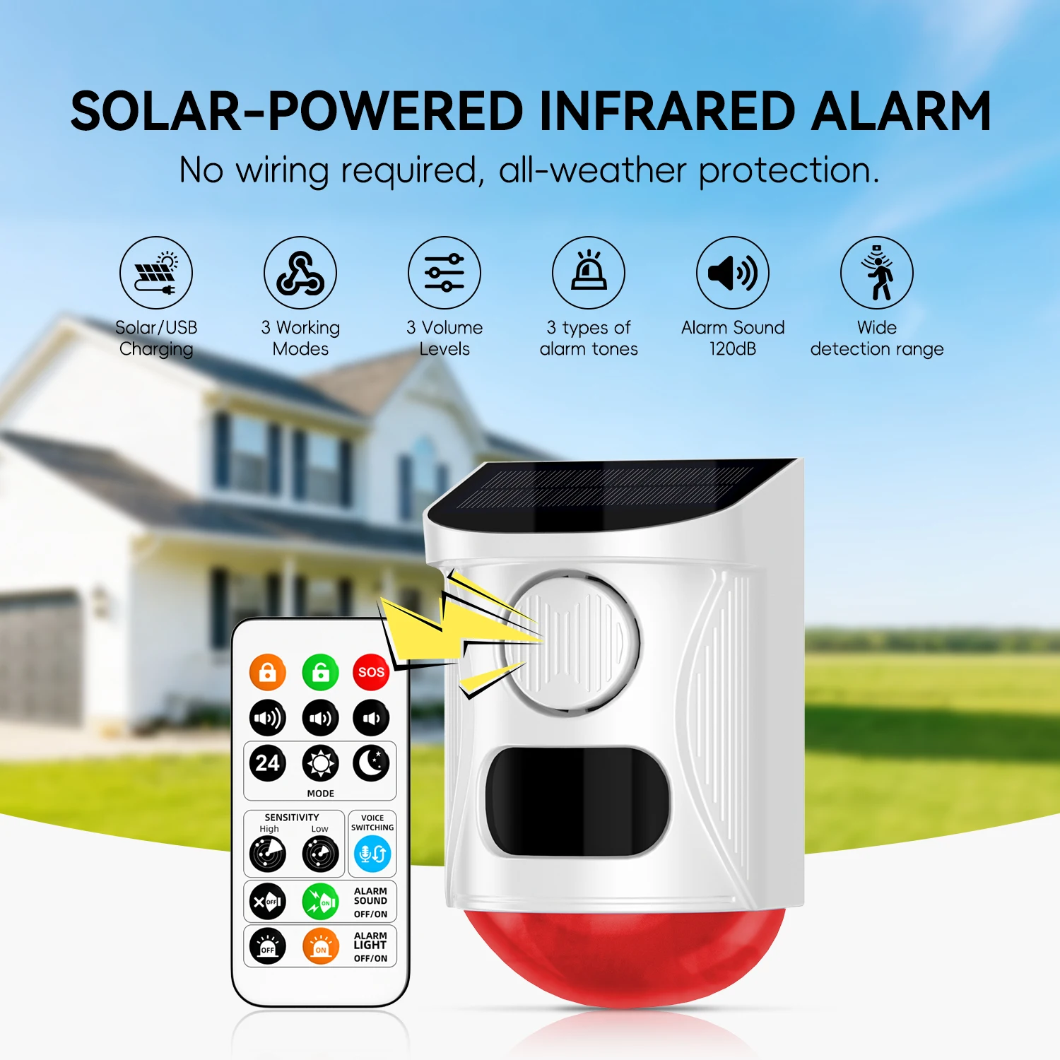 Solar-Powered Outdoor Alarm: Waterproof Motion Detector with 120dB Siren & Lights