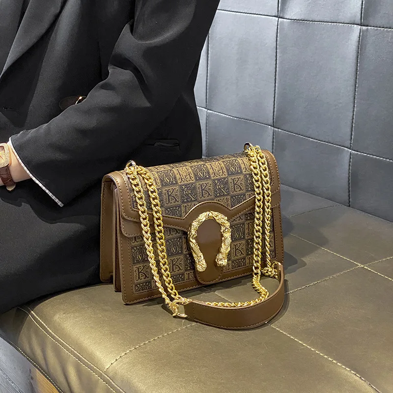 

ELLOVADO Luxury Design Square Bag Fashion Temperament Single Chain Shoulder Bag Chequered Snake Head Underarm Women's Bags