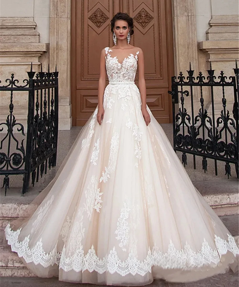 

Exquisite New Tulle Wedding Dresses Sweetheart Neck Sleeveless Bridal Gown Backless Appliques A-Line Dress Long Vestido De Novia