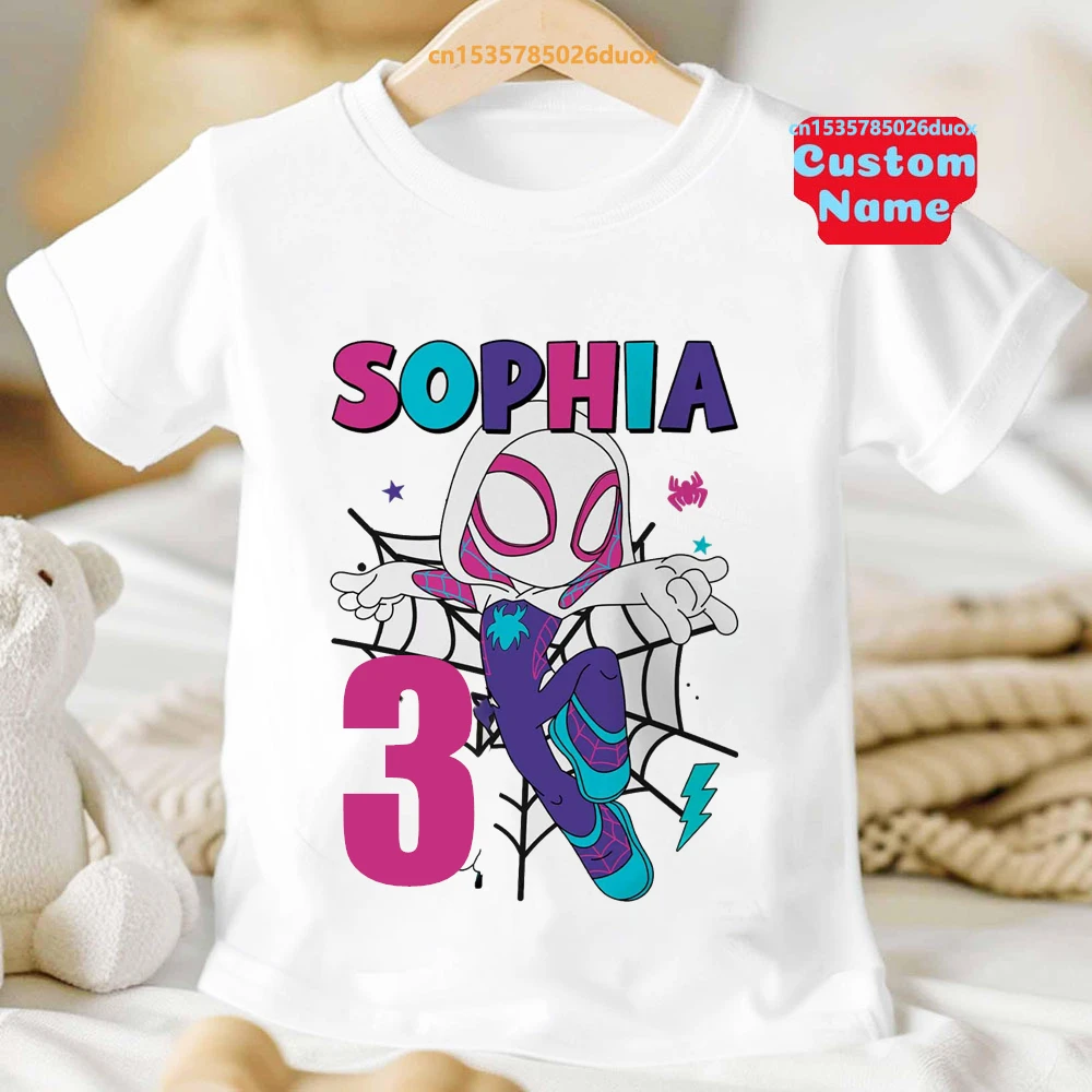 Summer 2025 Kid 2 3 4 5 6 7 8 Marvel Spiderman Girl Birthday Short Sleeve Shirt Spider-Man Boy Personalize Name Birthday Clothes 4