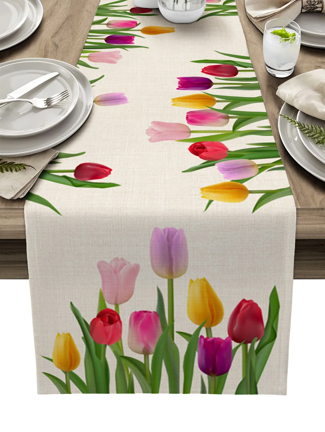 

Idyllic Tulip Flower Linen Table Runner Kitchen Table Decoration Farmhouse Reusable Dining Table Cloth Wedding Party Decor