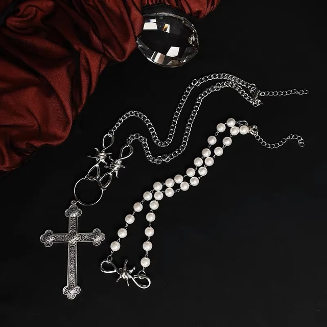 Diablo Gothic Vintage Punk Cross Pearl Necklace Collar Chain Set Necklace  Hip Hop Flame Chain Choker Unisex Club Dancing Jewelry - AliExpress