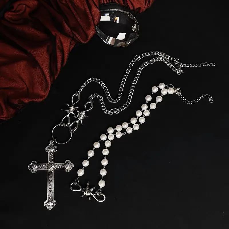 Diablo Gothic Vintage Punk Cross Pearl Necklace Collar Chain Set