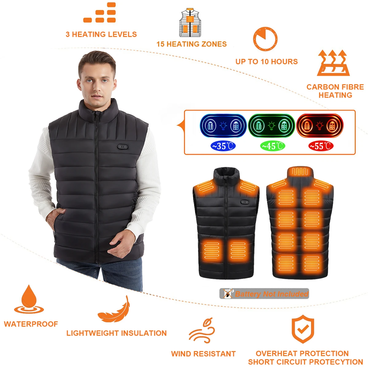 Heated Jacket Heated Vest Winter Warmth Outdoor USB with 15 Carbon Fiber Heating Pads 3 Temperature Levels