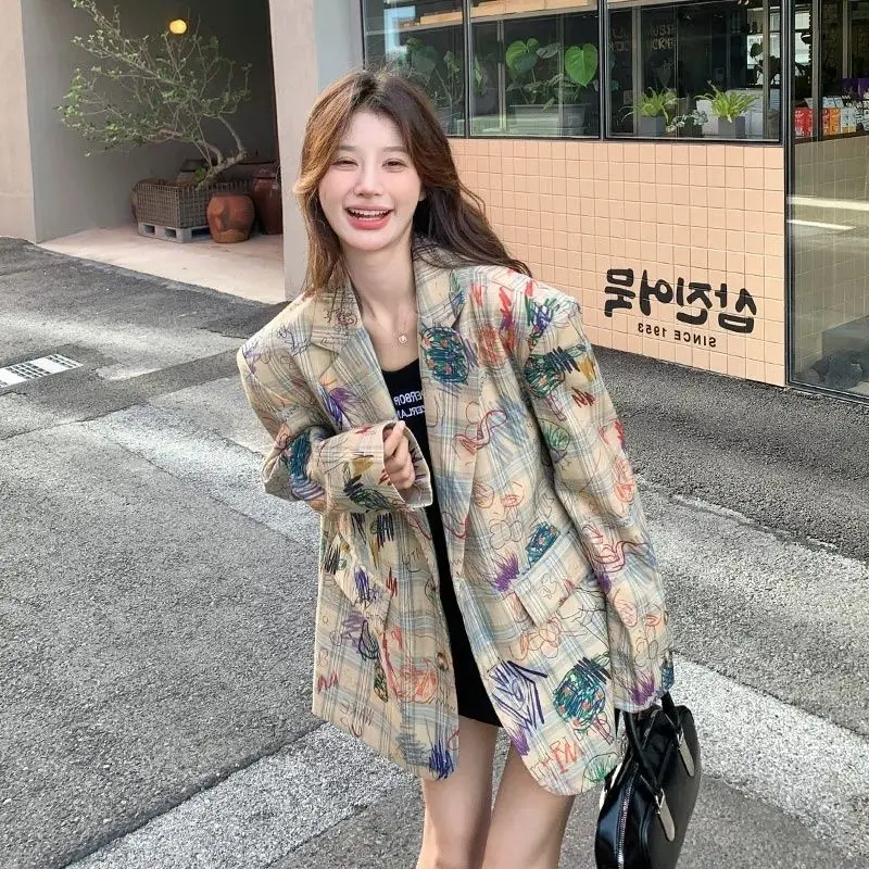 Insozkdg Graffiti Printed Oversized Suit Coat for Women Autumn 2025 Korean Style Loose Casual Fashion Suit Blazer Women Tops