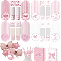 Pink Bow Birthday Party Supplies Disposable Bow Themed Tableware Set Engagement Wedding Girls Birthday Bachelorette Party Decor