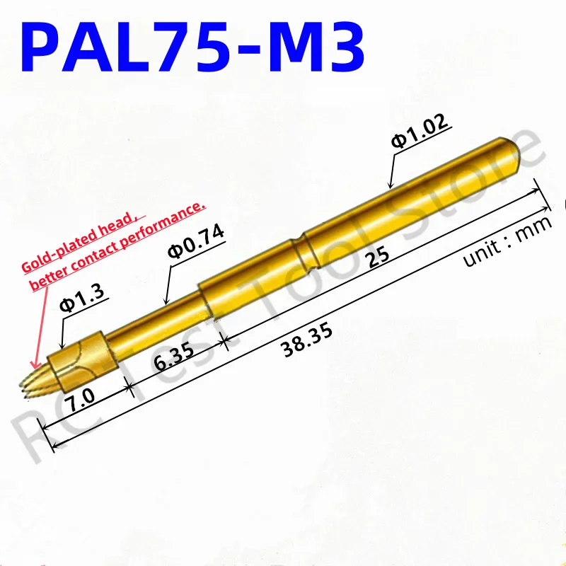 

100PCS PAL75-M3 Spring Test Probe Test Pin Pogo Pin PL75-M3 ICT FCT PCB Test Tool 1.30/0.74/1.02/38.35mm Gold Needle tricusp Tip