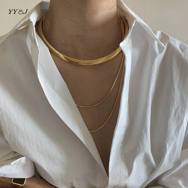 Wide Herringbone Chain Collar Necklace For Women Stainless Steel Snake
