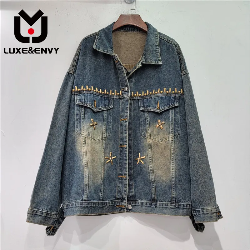 

LUXE&ENVY European Station New Version Casual Retro Heavy Handmade Rivet Decoration Long Sleeve Denim Coat Women's2023 Autumn