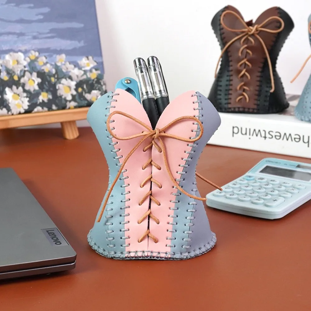 

DIY Desk Pen Holder Portable Material Kit Large Capacity Storage Box PU Leather Makeup Brush Bucket Student