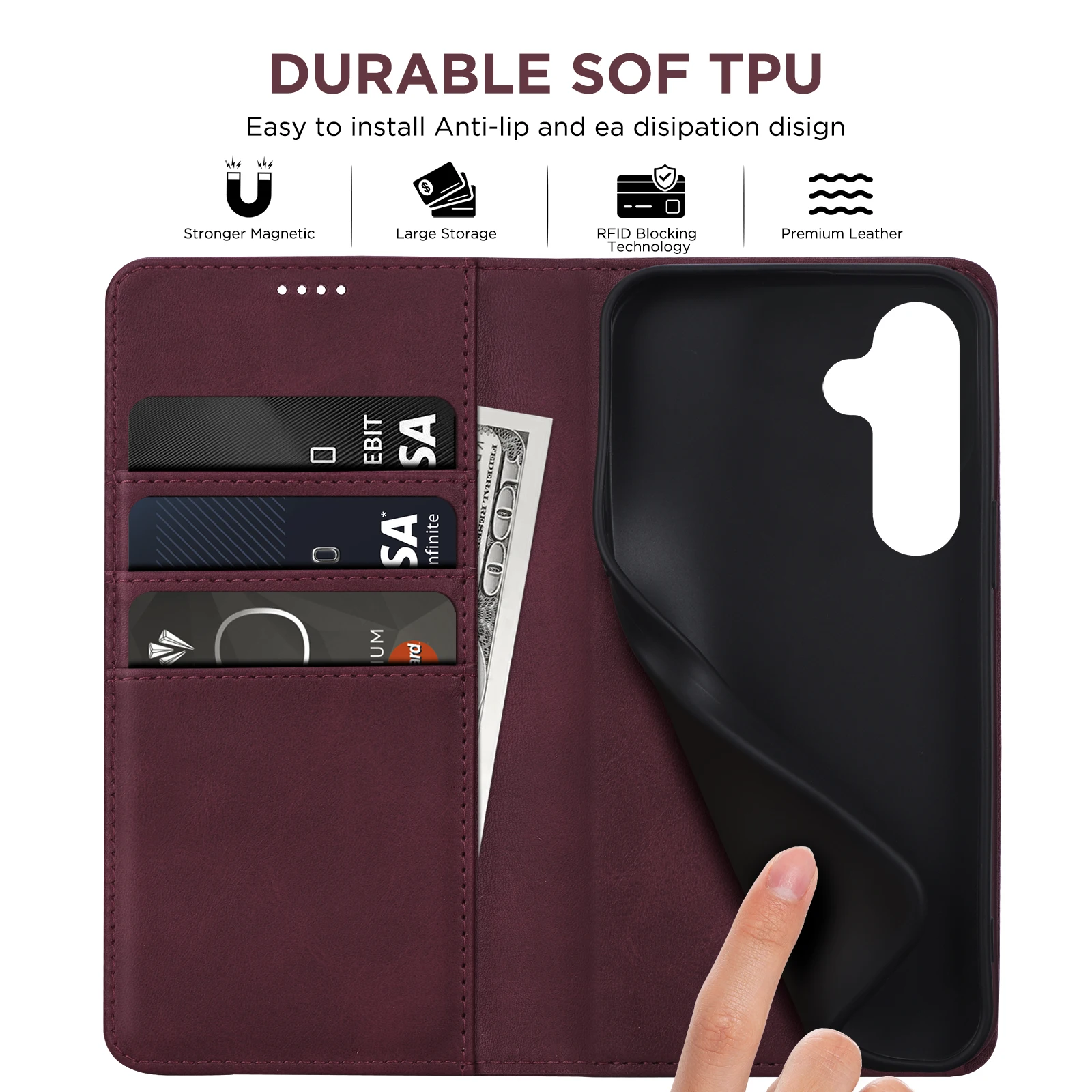 Premium PU Leather Wallet Phone Case with Magnetic Closure and Picture Frame Holder